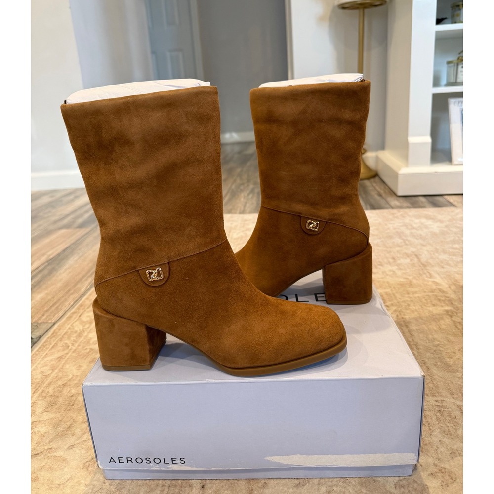 Aerosoles Oro Tobacco Suede mid-calf Boots, Square Toe, Block Heel Brown, 7.5